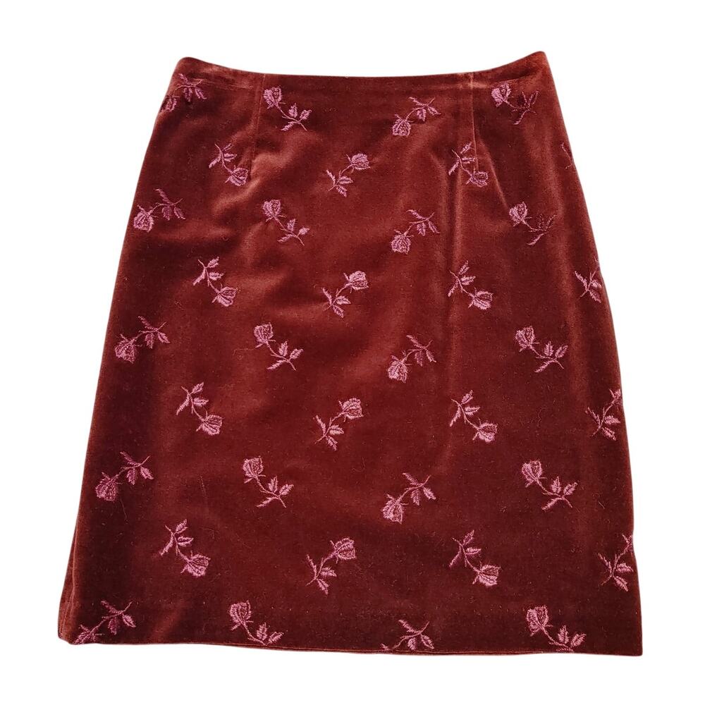 Vintage Tina Hagen Velvet Embroidered Floral Mini Skirt Burgundy Womens Size 2